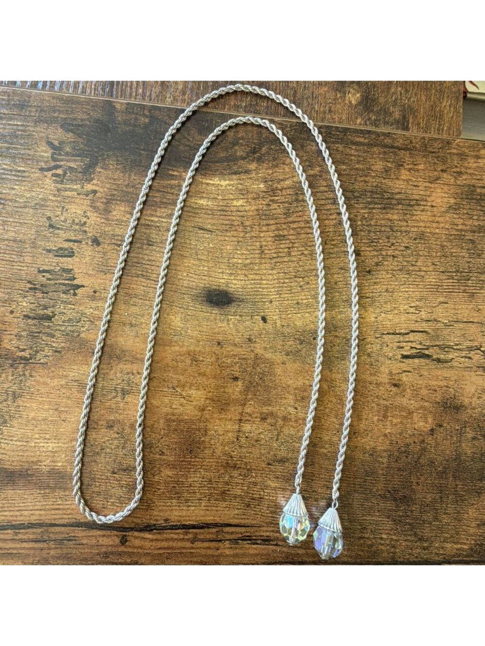 Vintage 925 Sterling 36" Twisted Rope Chain Lariat Necklace AB Crystal Drop 30g